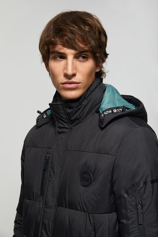 Black après-ski puffer jacket with detachable hood