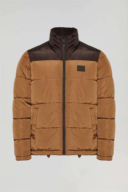 Brown puffer jacket with high collar and logo patch