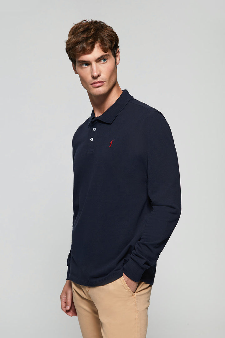Navy-blue long-sleeve polo shirt with Rigby Go embroidery