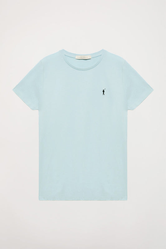 Sky-blue short-sleeve basic T-shirt with Rigby Go logo