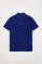 Royal-blue pique polo shirt with three-button placket and contrast embroidered logo