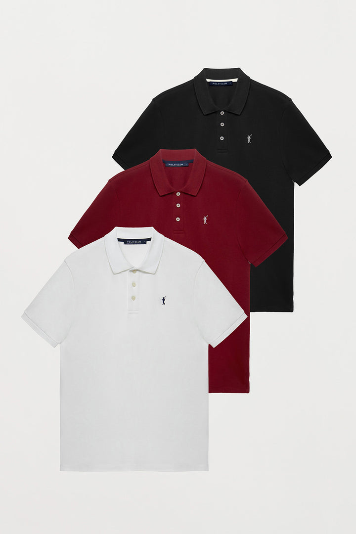 Short-sleeve polo shirt with embroidered logo 3 pack (white, maroon and black)