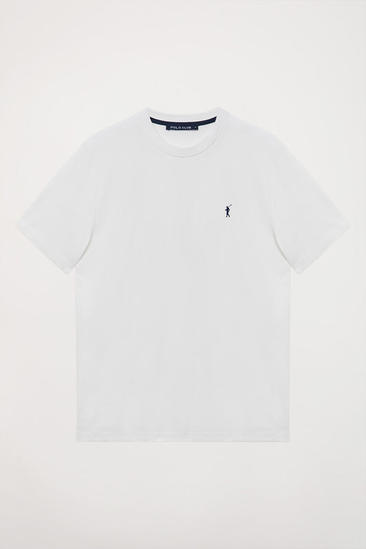 Pack de cinco t-shirts em azul marinho, branco, cinza vigoré, azul royal e azul denim, com decote redondo e logótipo bordado