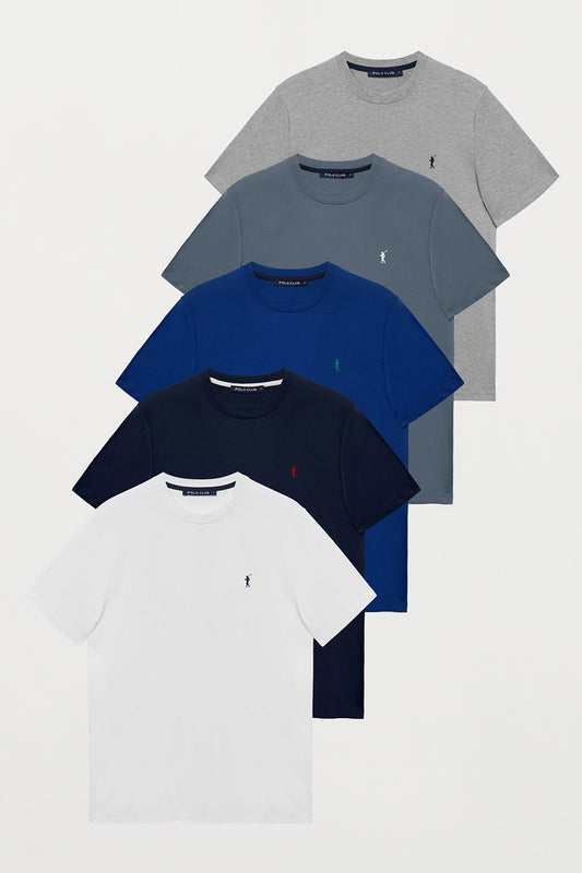Pack de cinco t-shirts em azul marinho, branco, cinza vigoré, azul royal e azul denim, com decote redondo e logótipo bordado