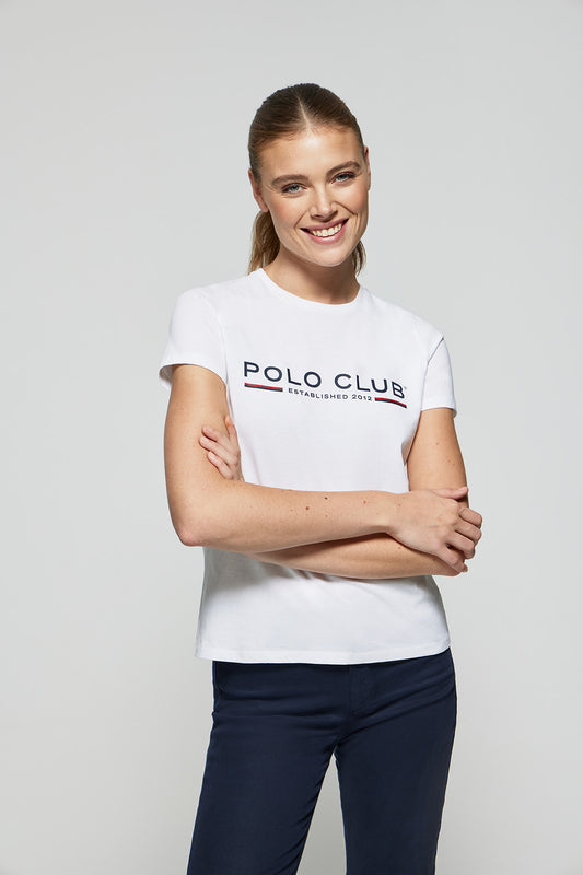 White basic T-shirt with chest iconic print