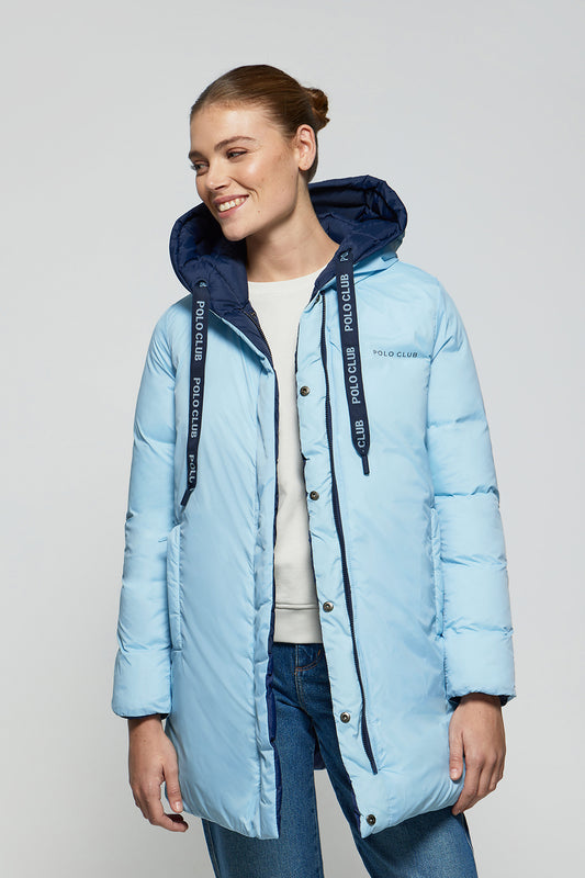 Blue bi-coloured reversible coat with hood and Polo Club details
