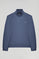 Denim-blue half-zip sweatshirt with Rigby Go logo