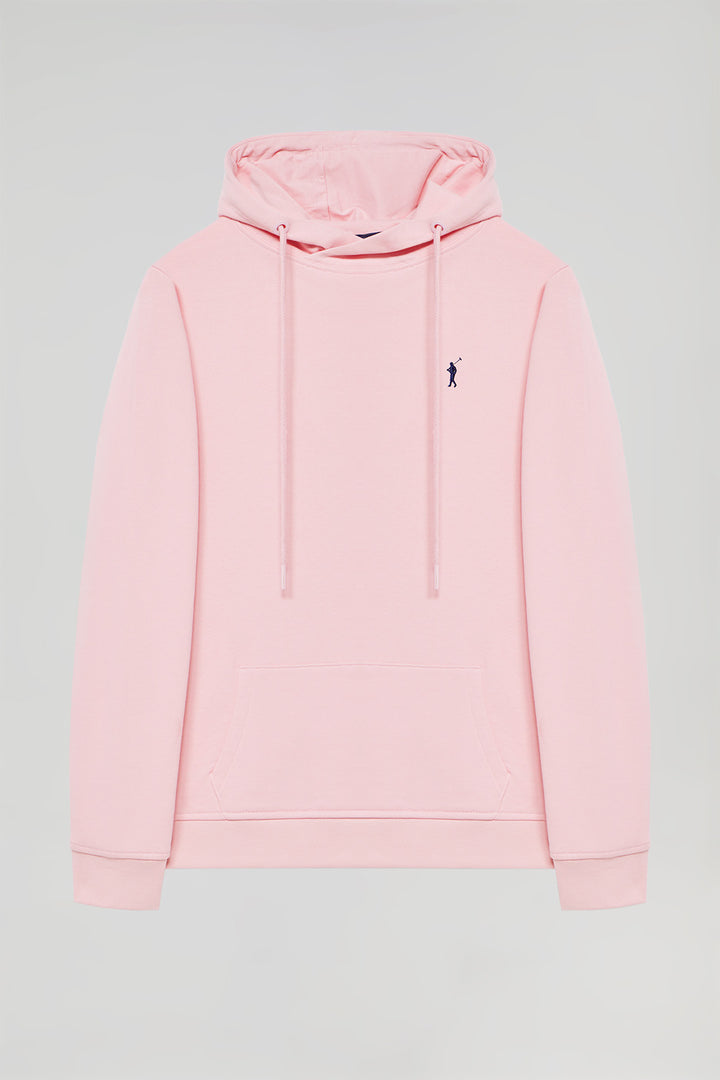Pink hoodie with pockets and Rigby Go logo