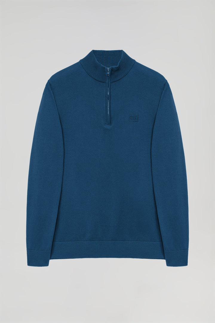 Jersey básico azul denim con cremallera y logo bordado al tono
