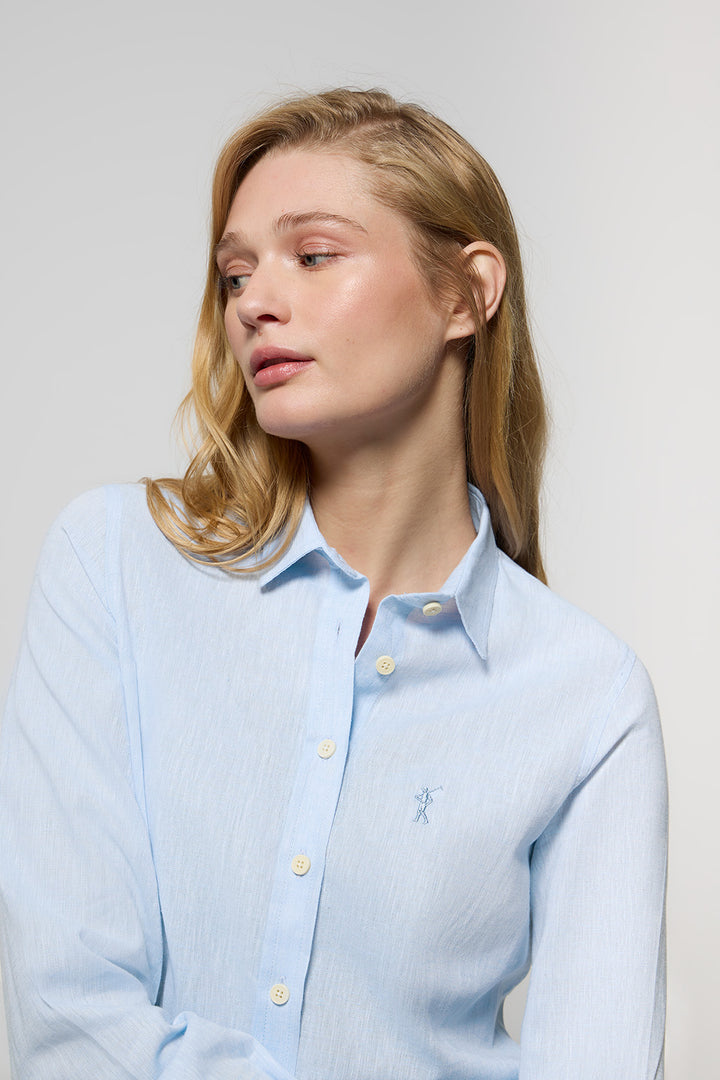 Sky-blue linen and cotton shirt with Rigby Go embroidery