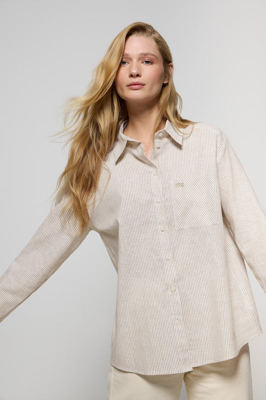 Camisa de rayas color arena de lino y algodón con detalle Polo Club