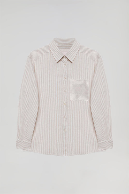 Camisa de rayas color arena de lino y algodón con detalle Polo Club