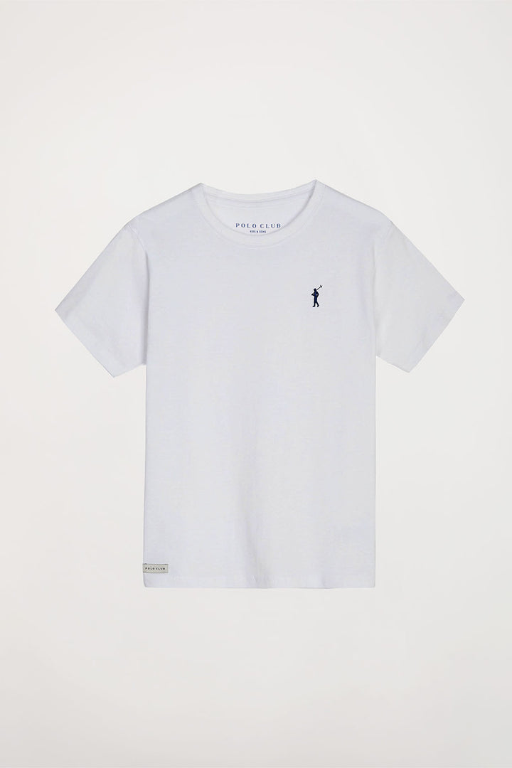 White tee with small embroidered logo
