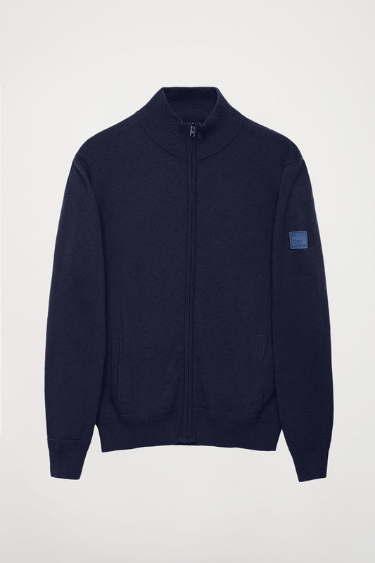 Navy-blue zip cashmere cardigan with logo on sleeve