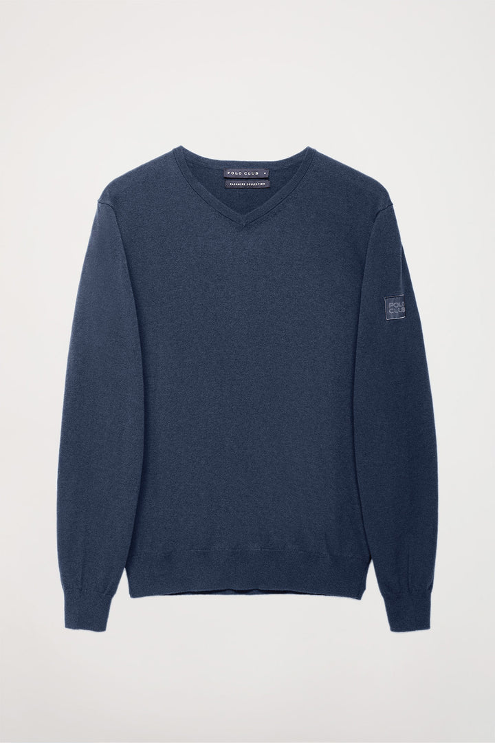 Camisola azul denim com decote em bico e cashmere