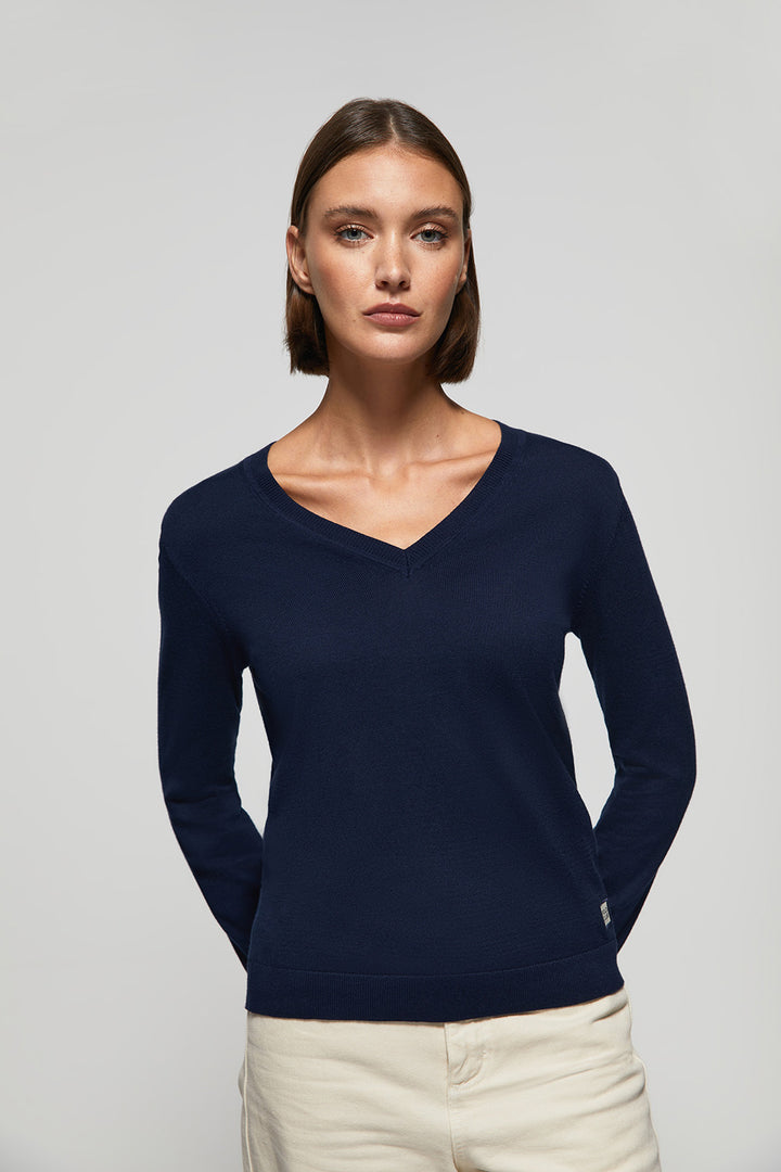 Camisola básica azul marinho com decote em bico com logótipo Polo Club