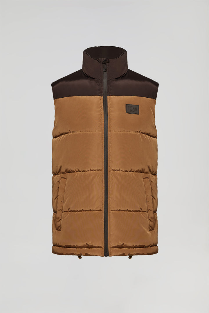 Brown puffer vest with high collar and logo patch