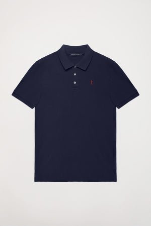 Navy-blue pique polo shirt with three-button placket and contrast embroidered logo