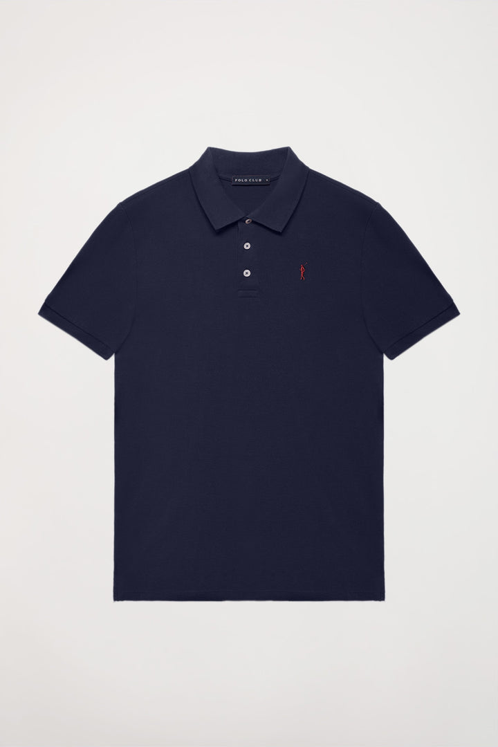 Navy-blue pique polo shirt with three-button placket and contrast embroidered logo