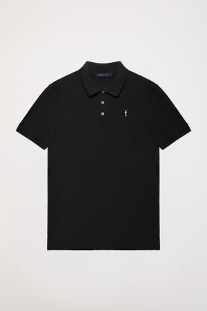 Black pique polo shirt with three-button placket and contrast embroidered logo