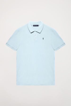 Sky-blue pique polo shirt with three-button placket and contrast embroidered logo