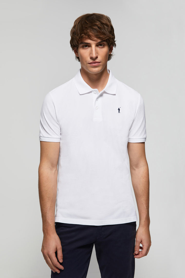 White pique polo shirt with three-button placket and contrast embroidered logo