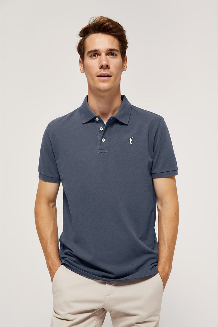 Denim-blue pique polo shirt with three-button placket and contrast embroidered logo