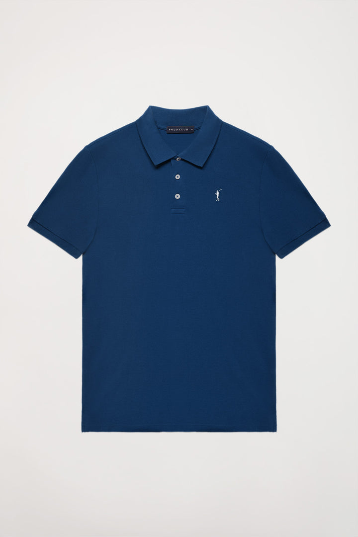 Polo azul indigo piqué con tapeta de tres botones y logo bordado Rigby Go