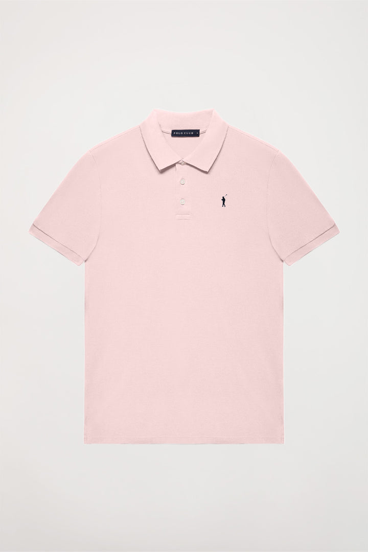 Pink pique polo shirt with three-button placket and contrast embroidered logo
