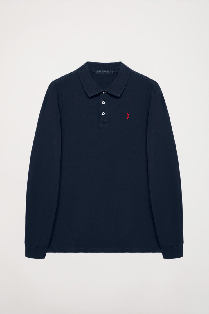 Navy-blue long-sleeve polo shirt with Rigby Go embroidery