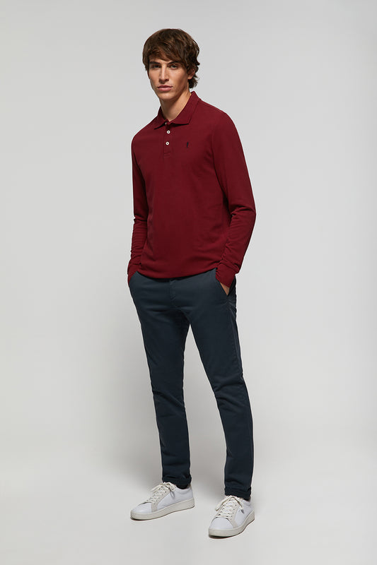 Maroon long-sleeve polo shirt with Rigby Go embroidery
