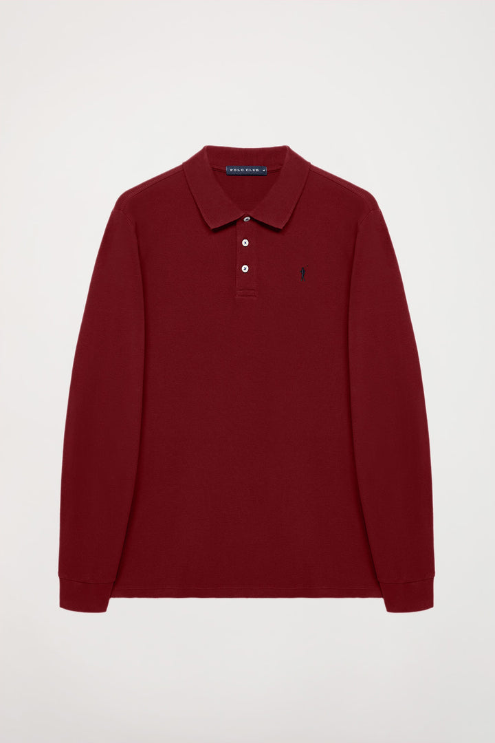 Maroon long-sleeve polo shirt with Rigby Go embroidery
