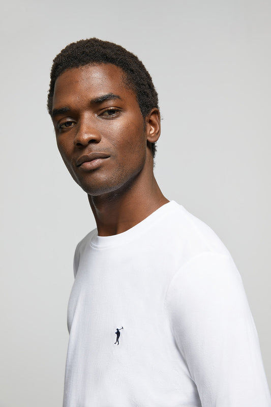 White long-sleeve basic T-shirt with Rigby Go logo