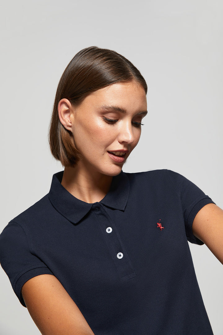 Navy-blue short-sleeve pique polo shirt with Rigby Go logo
