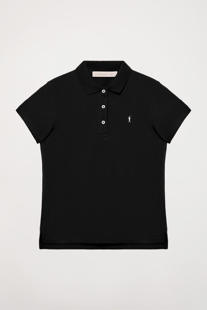 Black short-sleeve pique polo shirt with Rigby Go logo