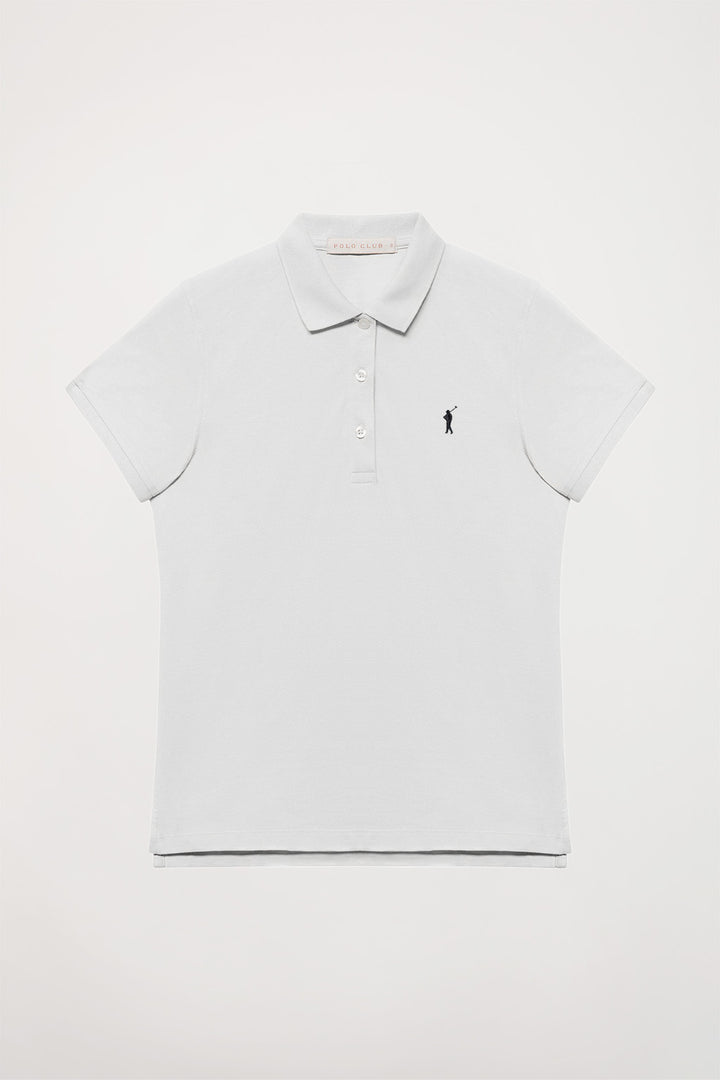 White short-sleeve pique polo shirt with Rigby Go logo