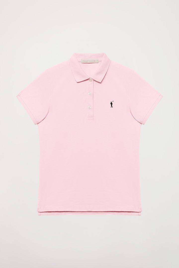 Pink short-sleeve pique polo shirt with Rigby Go logo