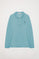 Blue long-sleeve pique polo shirt with Rigby Go logo