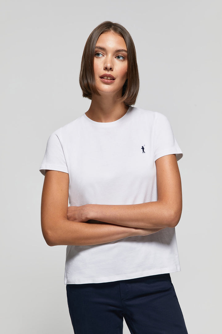 White short-sleeve basic T-shirt with Rigby Go logo