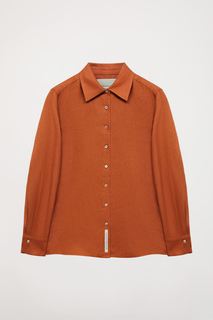 Caldera-red linen shirt with embroidered detail