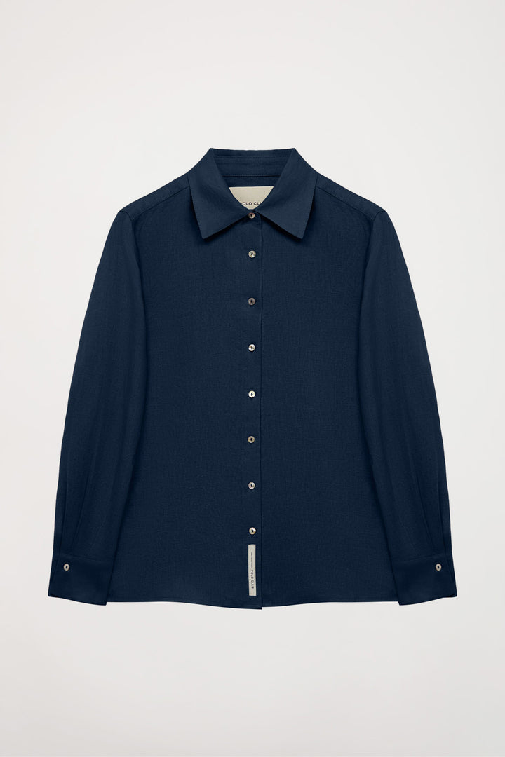 Navy-blue linen shirt with embroidered detail
