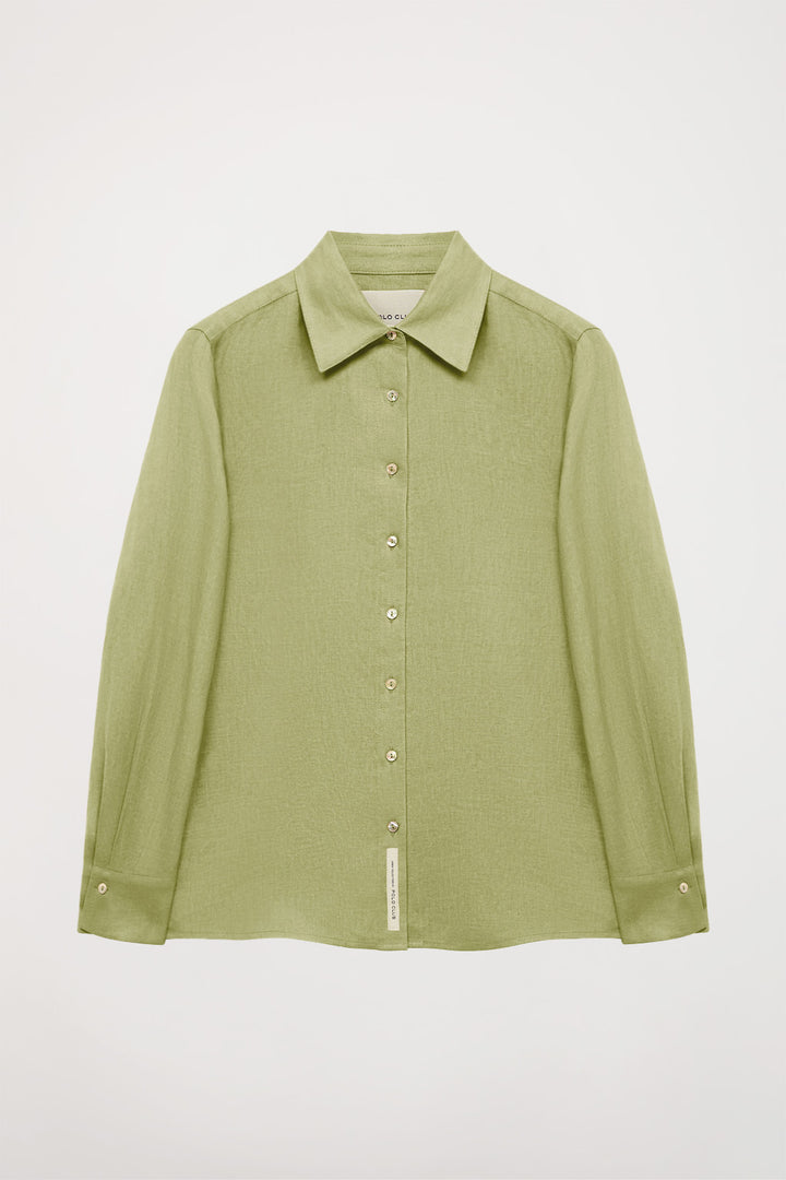 Green linen shirt with embroidered detail