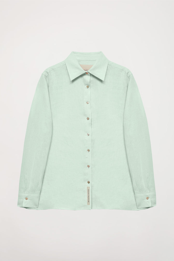 Powder-green linen shirt with embroidered detail