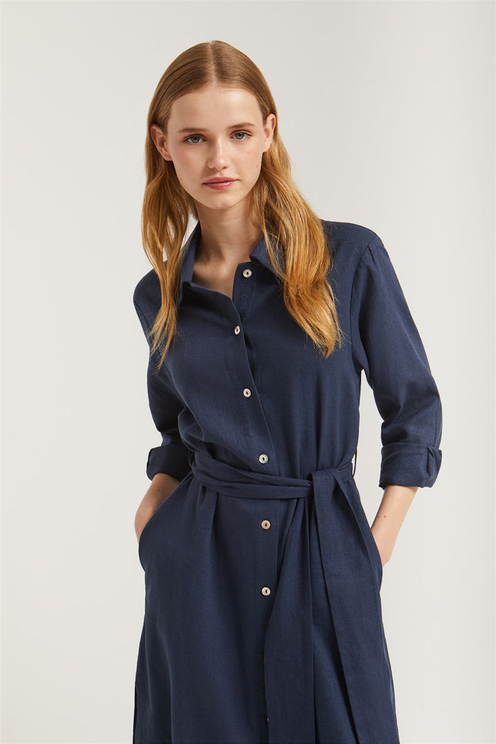 Navy-blue linen midi dress with embroidered detail