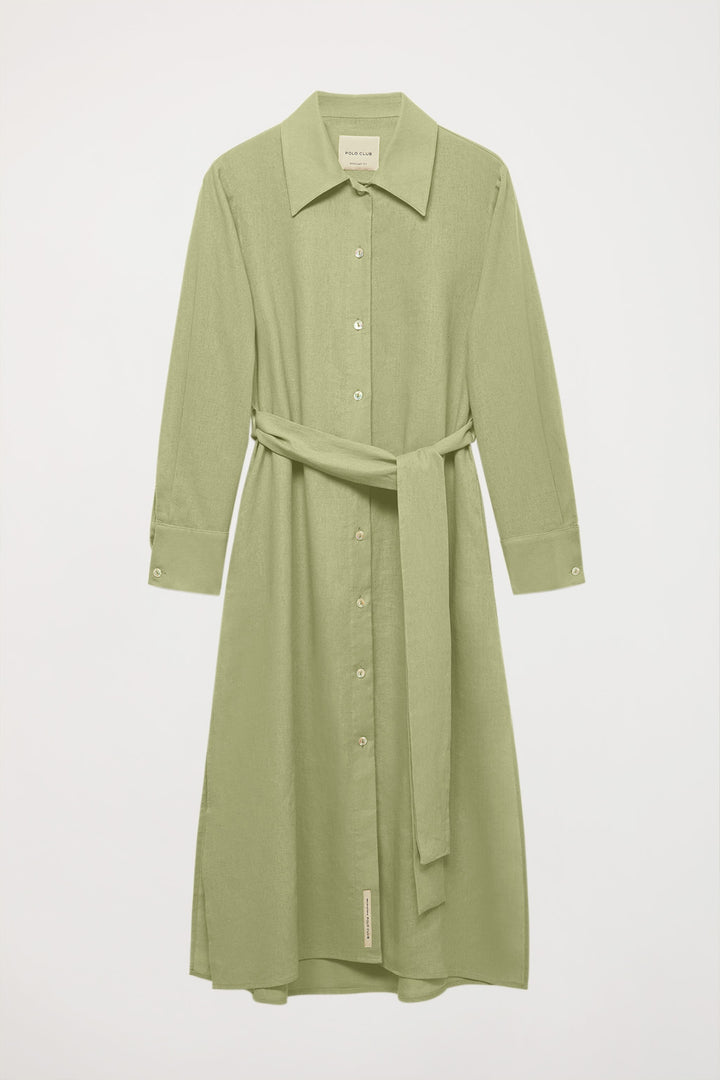 Green linen midi dress with embroidered detail