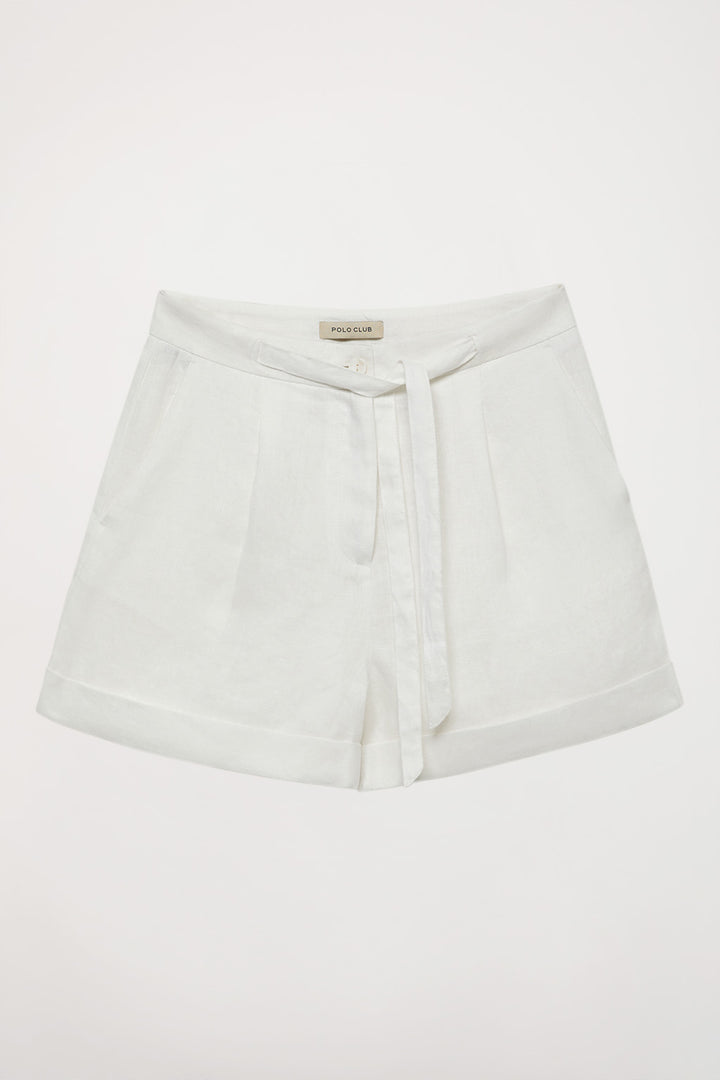 Pantalón corto de lino blanco con detalle bordado