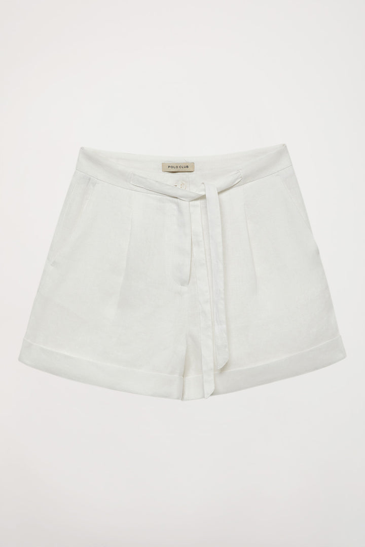 White linen shorts with embroidered detail