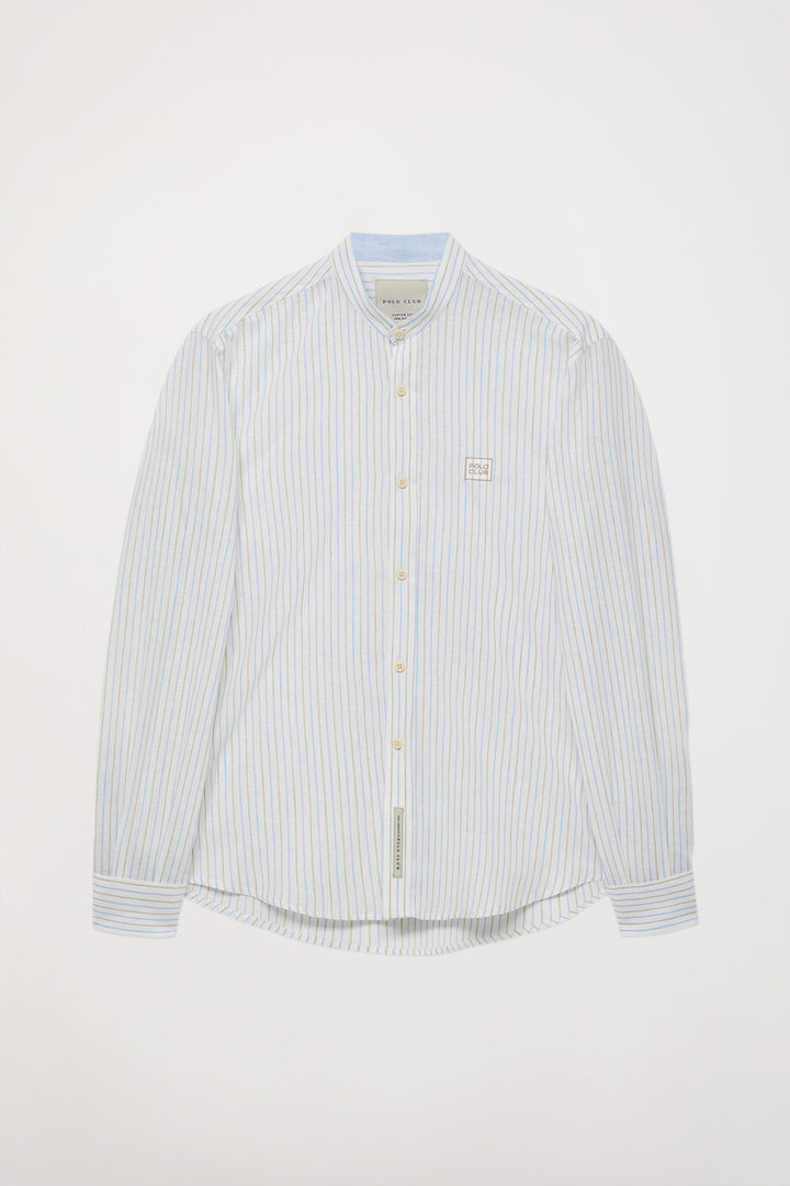 Custom-fit striped shirt with mandarin collar and embroidered detail