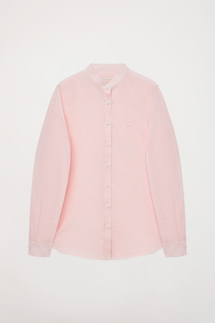 Camisa rosa empoado com gola mao e pormenor bordado no peito