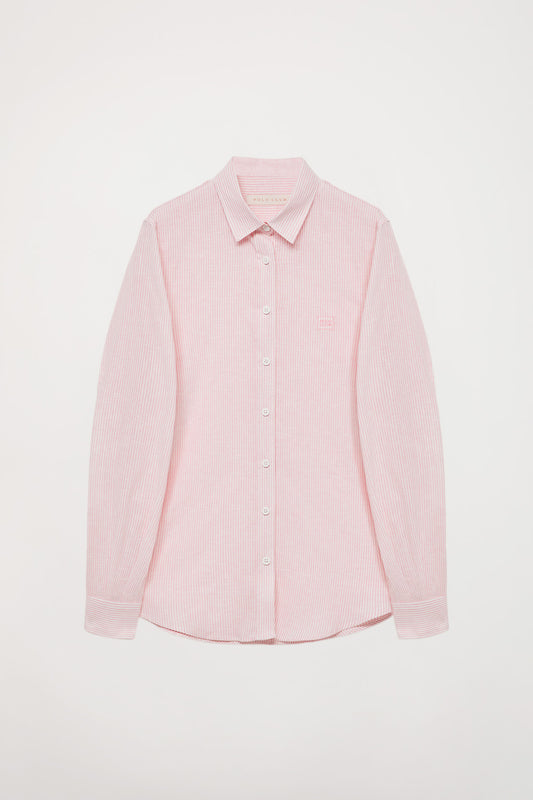 Camisa em tecido seersucker rosa com pormenor bordado no peito